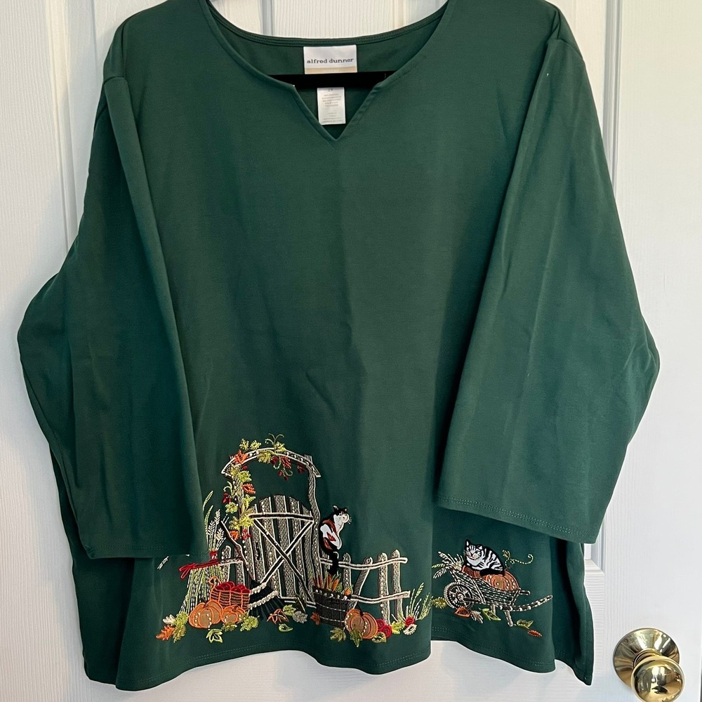 EUC Alfred Dunner Green Embroidered Cat Pumpkin Garden Top 2X Fall Grannycore